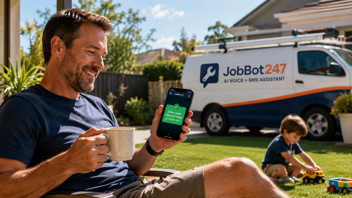 Relaxed plumber at home viewing new leads captured by JobBot 24/7