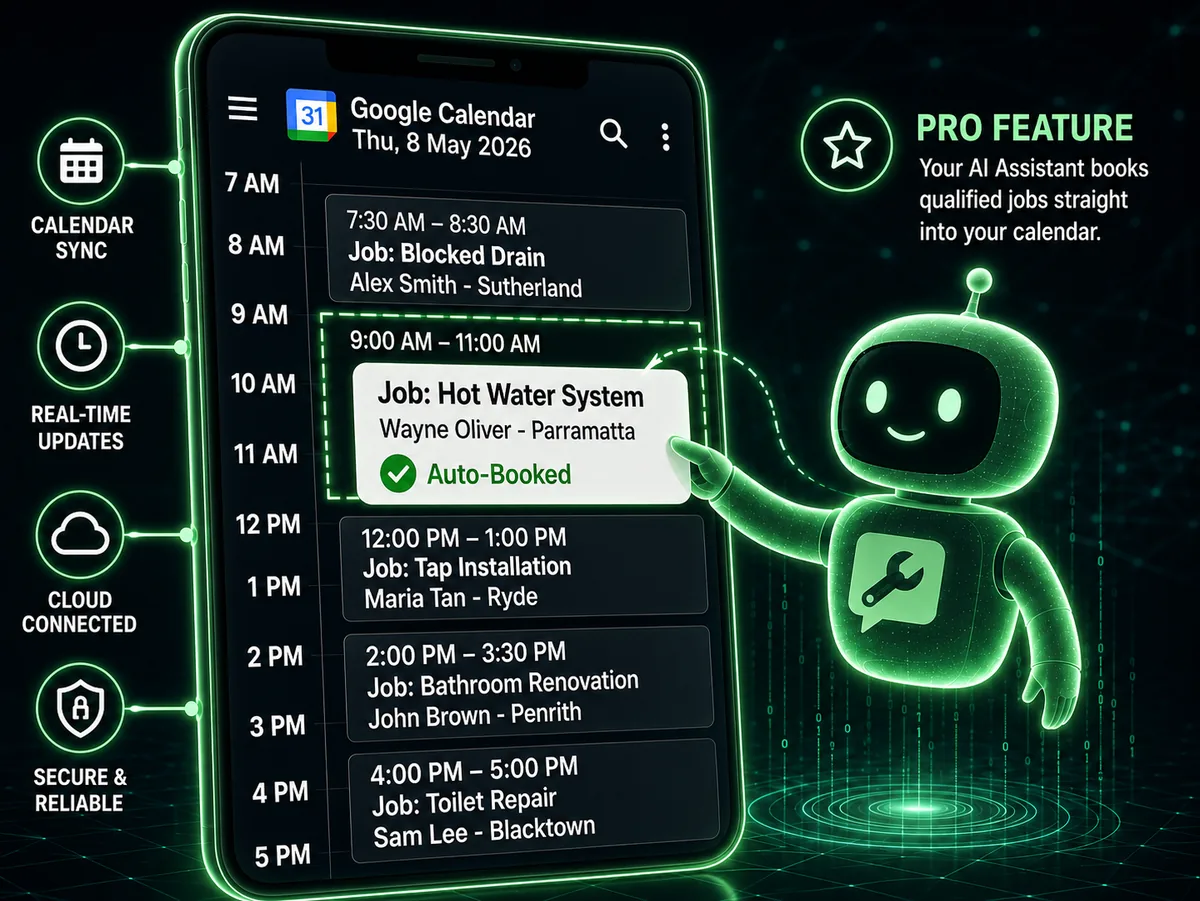 Passive AI booking showing JobBot booking qualified plumbing jobs into Google Calendar