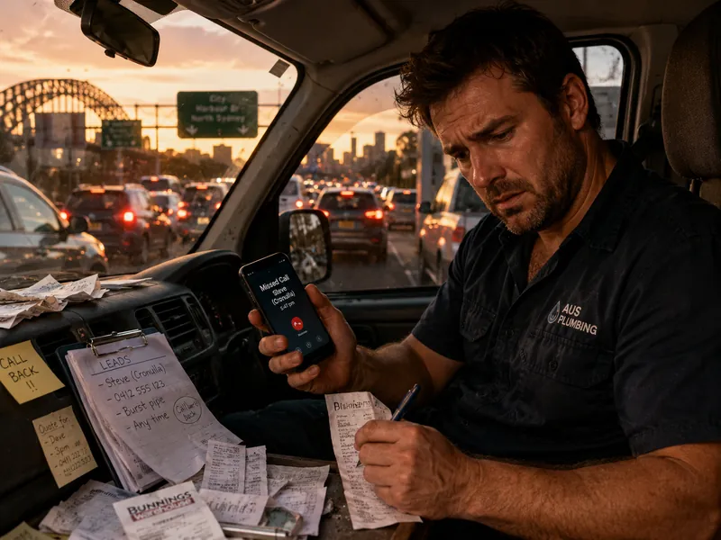 Stressed plumber in a ute missing calls while stuck in Sydney traffic